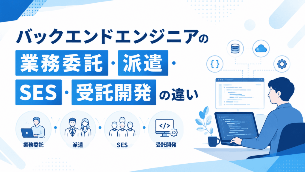 ノートパソコンで開発を行うバックエンドエンジニアと、業務委託・派遣・SES・受託開発の違いを表すアイコンや、データベース・クラウド・ソースコードなどのシステム構成をイメージしたイラストが描かれた、各契約形態の違いを比較・解説する画像