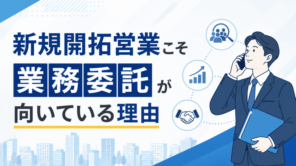 「新規開拓営業こそ業務委託が向いている理由」という文字と、営業先へ電話をかけながら資料を持つビジネスパーソンが描かれた画像