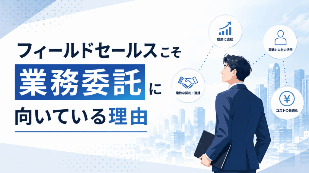 「フィールドセールスこそ業務委託に向いている理由」という文字と、ビジネスパーソンが街並みを背景に前を見つめる様子が描かれた画像