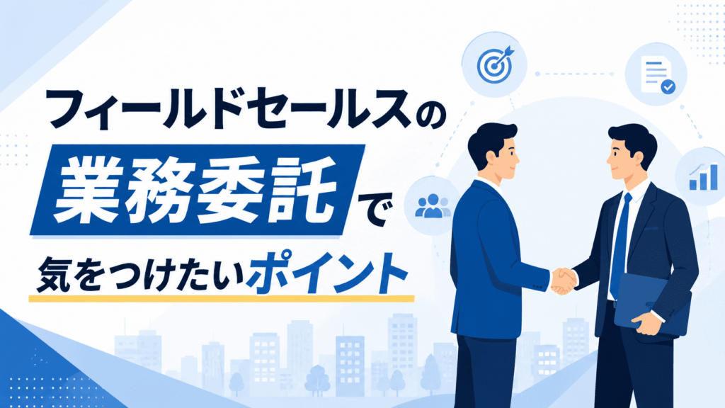 「フィールドセールスの業務委託で気をつけたいポイント」という文字と、握手を交わす2人のビジネスパーソンが描かれた画像