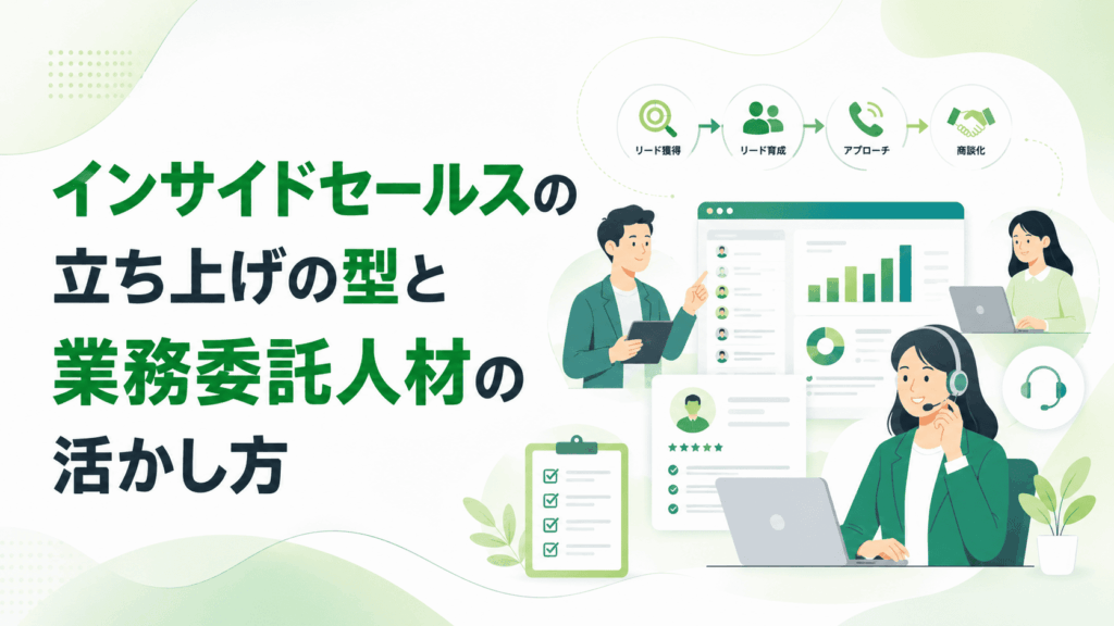 「インサイドセールスの立ち上げの型と業務委託人材の活かし方」という文字と、ヘッドセットを着けた女性がパソコンを使いながら営業活動を行い、チームでインサイドセールスを運用している様子の画像