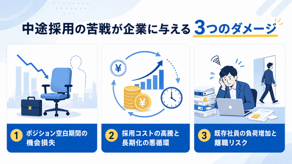 中途採用の苦戦が企業に与える3つのダメージが書かれた画像