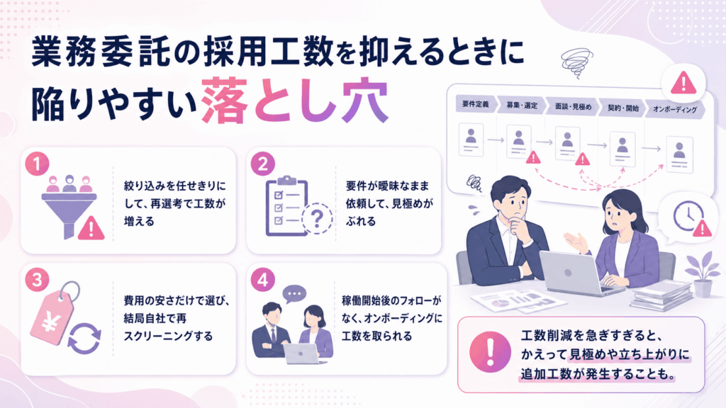業務委託の採用工数を抑えるときに陥りやすい落とし穴が書かれた画像