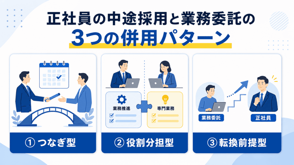 正社員の中途採用と業務委託の3つの併用パターンが書かれた画像