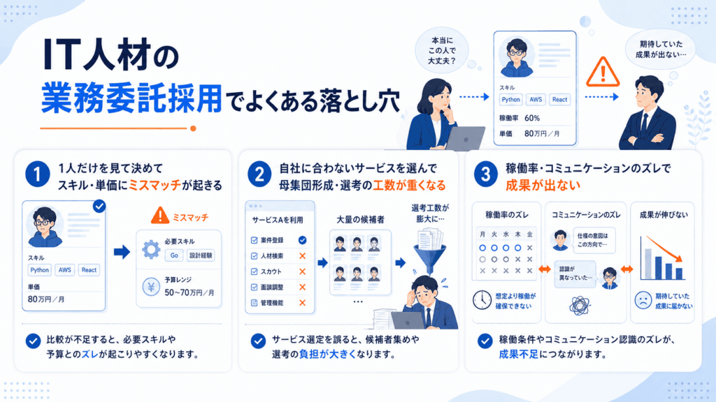 IT人材の業務委託採用でよくある落とし穴が書かれた画像