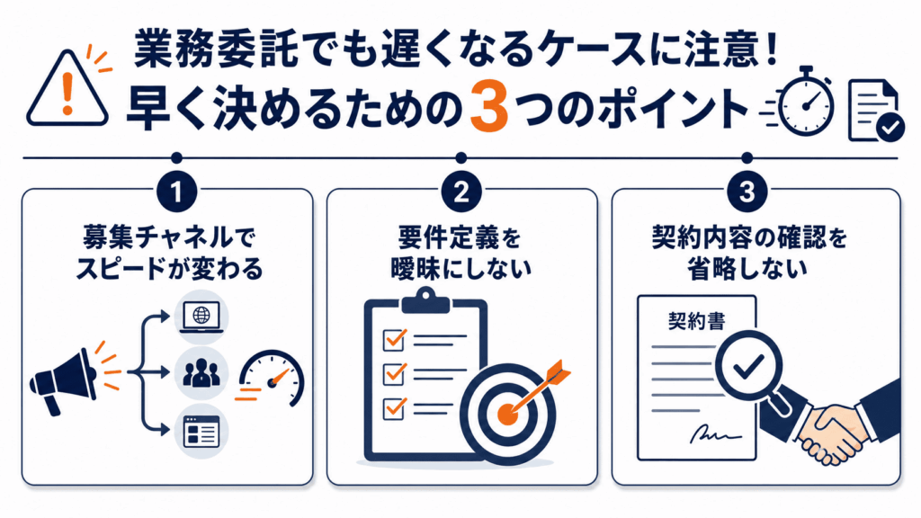 業務委託でも遅くなるケースに注意!早く決めるための3つのポイントが書かれた画像
