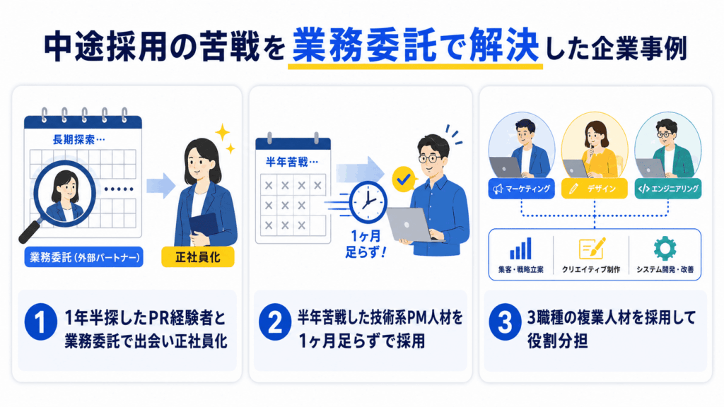 中途採用の苦戦を業務委託で解決した企業事例が書かれた画像